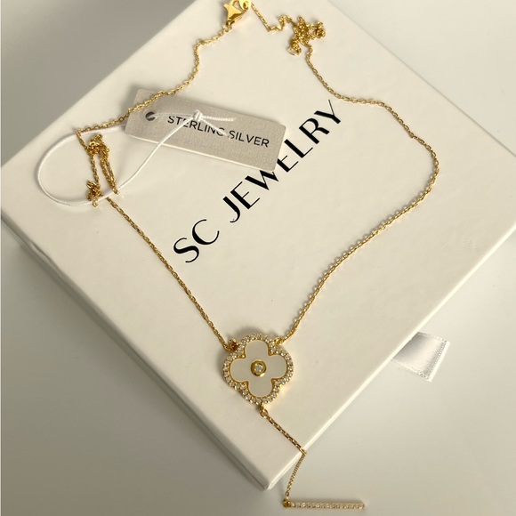 Rachel Zoe Clover Necklace Y Chain Zirconia Mother of Pearl 14k Gold Color - Picture 3 of 7